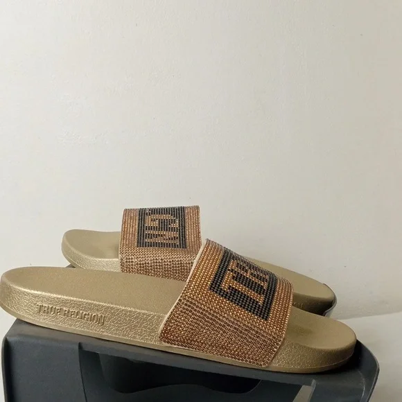 True Religion Gold And Black Blinging Jasmin Slides US 9 - Picture 4 of 16